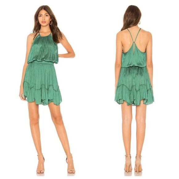 Halston Heritage Blouson Dress Womens XL Green Ruched‎ Flounce Sleeveless Preppy - Picture 1 of 8